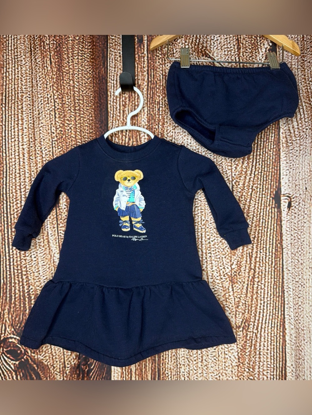 Ralph Lauren Girls Blue Polo Bear Fleece Dress Size 6 Months With Bloomers